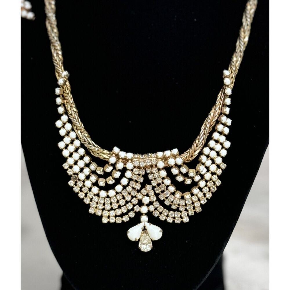 Vintage Rare HOBE Signed Elegant Rhinestone Milk Glass Necklace & Earrings Set